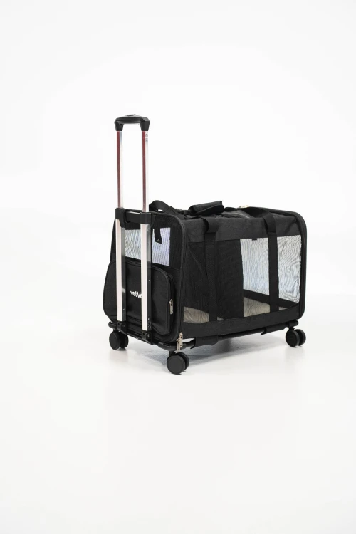 Transporter na kółkach dla dwóch kotów VETVERTA czarny | Duża torba transportowa 55 × 37 × 47 cm