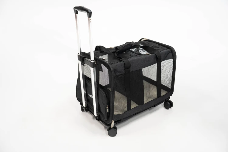 Transporter na kółkach dla dwóch kotów VETVERTA czarny | Duża torba transportowa 55 × 37 × 47 cm